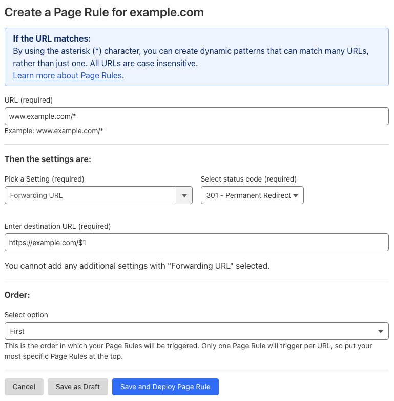 Example Page Rule with &lsquo;Forwarding URL&rsquo; setting